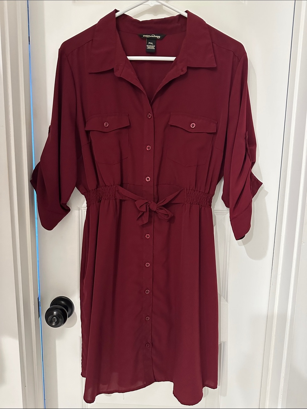 Tie-Waist Midi Shirt Dress in Burgundy